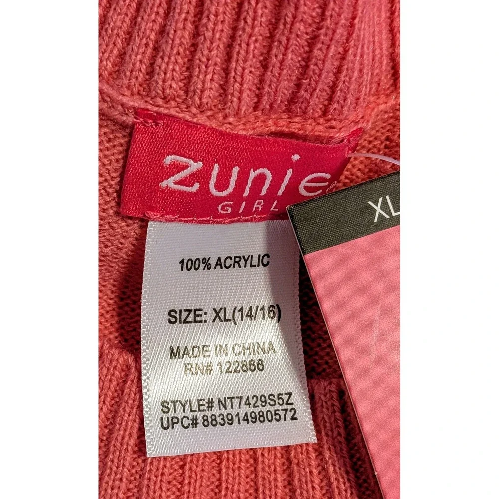 Zunie Girl Pink Love Heart Sweater XL 14 16 Acrylic Kids Long‎ Sleeve NWT